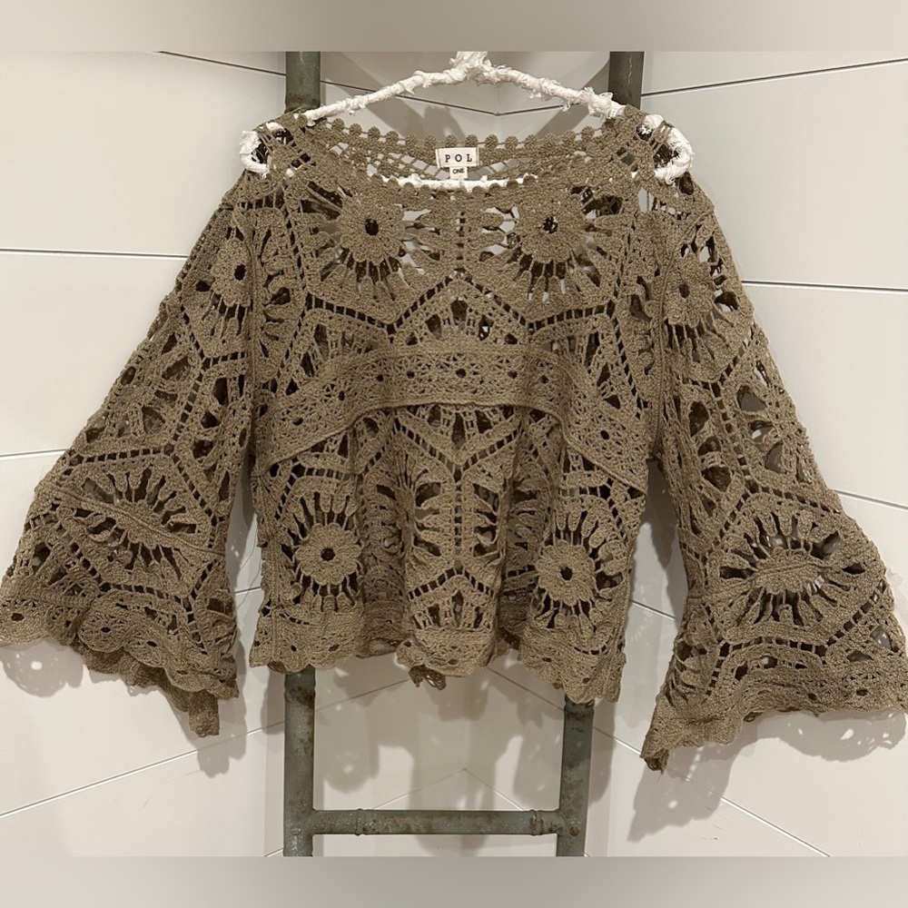 NEW Restocked Bestseller POL: Crochet Bell Sleeve Top in Beige Brown